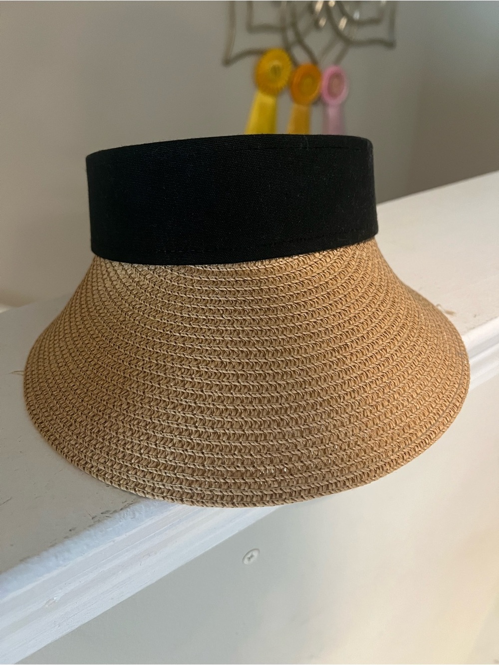 Wide Brim Straw Visor with Black Band - Women Accessories
